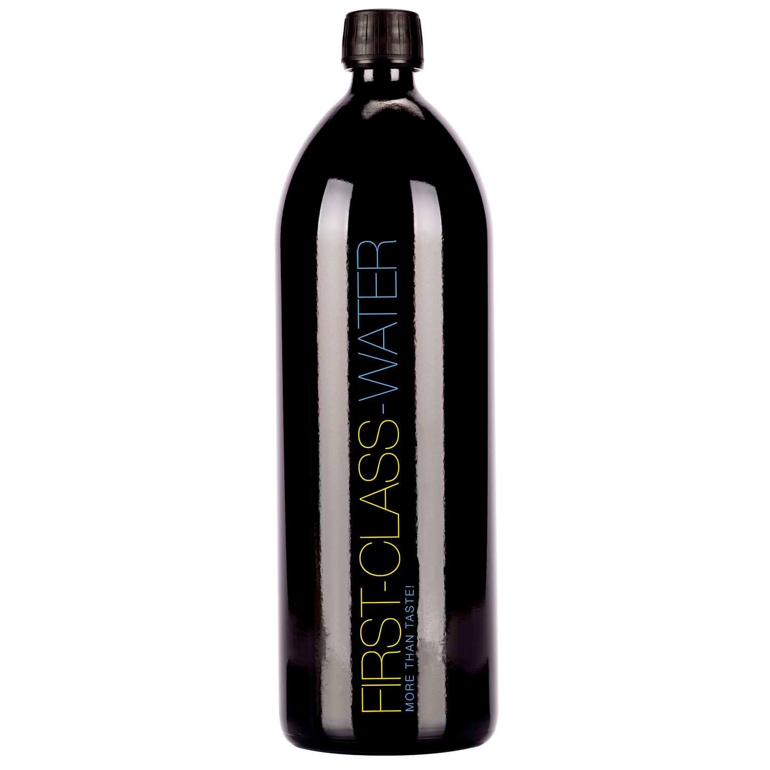 Glasflasche (Gr. 1) Clear-Look 1000 ml mit First-Class-Water Aufkleber (violett)